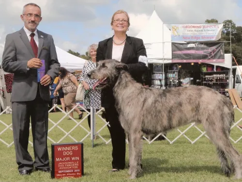AKC judge presenting ribbons to Joyce and Logan